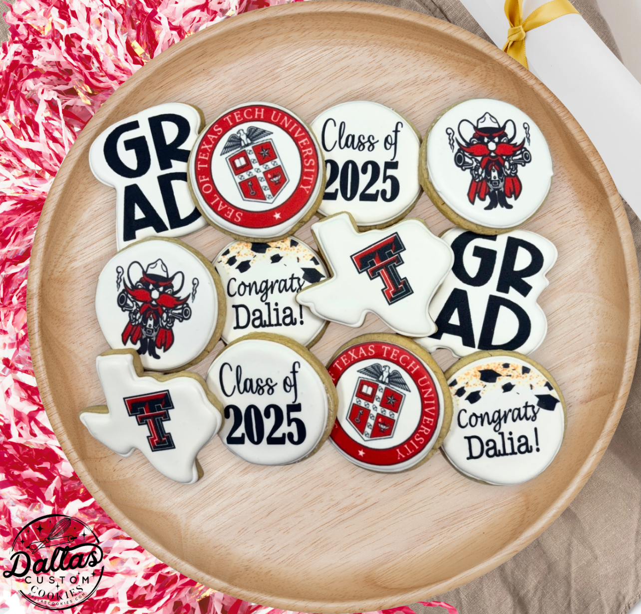 Red Raider Texas Tech Wreck 'Em Direct Printed Pre-Designed Set of Graduation Cookies--12 Count