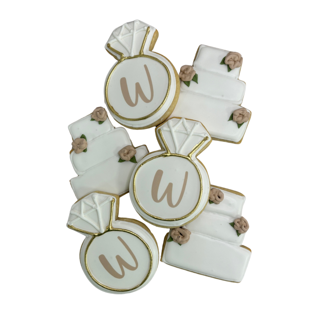 Hand Decorated Wedding Rings Engagement Rings in Gold + 3-Tier Cake Wedding Cakes--12 Count
