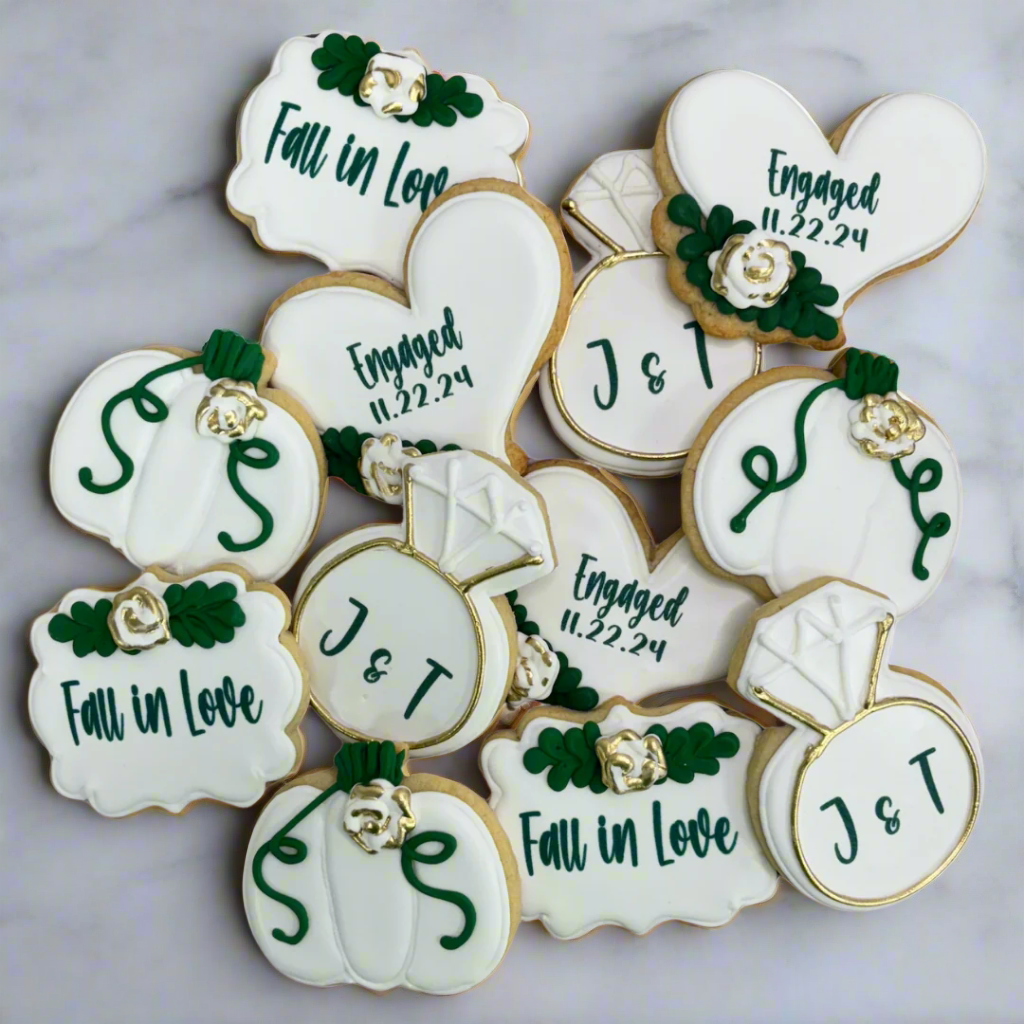 Hand Decorated "Fall in Love" Wedding Rings w/monogram Engagement Rings in Gold, Floral Heart Plaque, Pumpkins, Plaques--12 Count