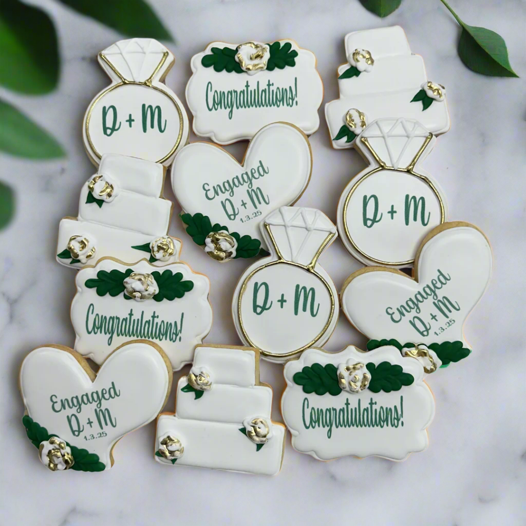 Hand Decorated Wedding Rings w/monogram Engagement Rings in Gold, Floral Heart Plaque, Cake, Plaques--12 Count