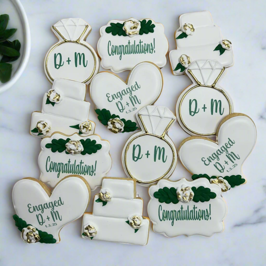 Hand Decorated Wedding Rings w/monogram Engagement Rings in Gold, Floral Heart Plaque, Cake, Plaques--12 Count