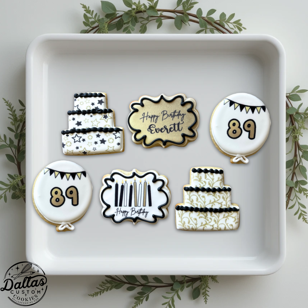 3 Tier Cake Birthday Balloon Fancy Black and Gold Plaque Cookies--12 Count