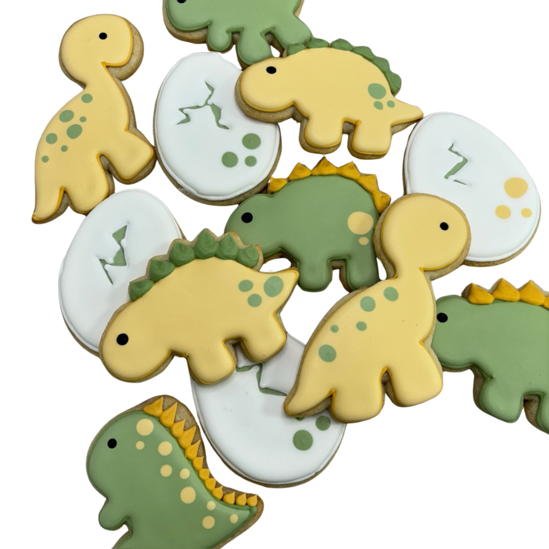Hand Decorated Dinosaur Hatching Soon themed Baby Shower Cookies--12 Count