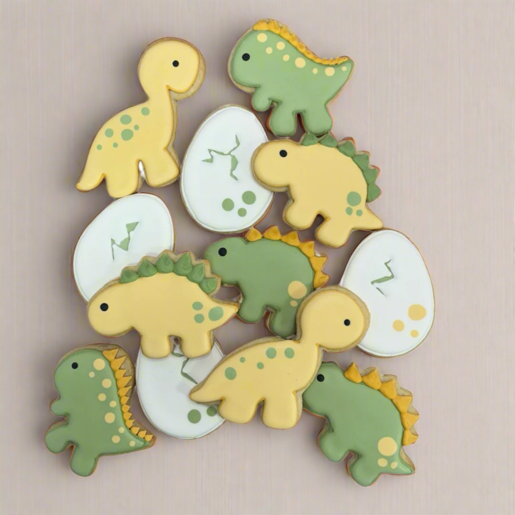 Hand Decorated Dinosaur Hatching Soon themed Baby Shower Cookies--12 Count