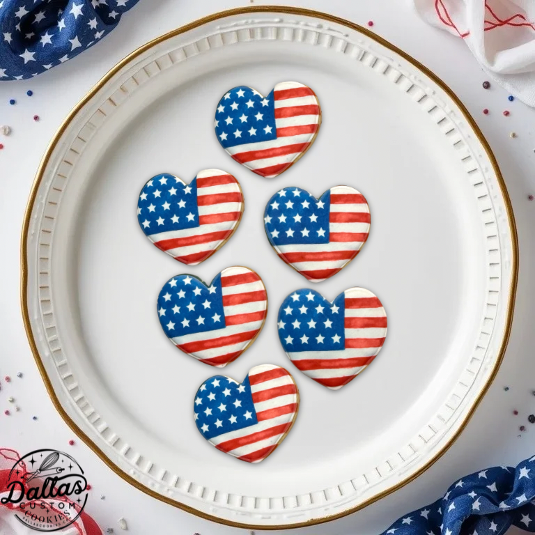 Memorial Day Flag Patriotic Flags on Heart Hearts Shaped Cookie 4th of July Red White Blue -- 12 Count
