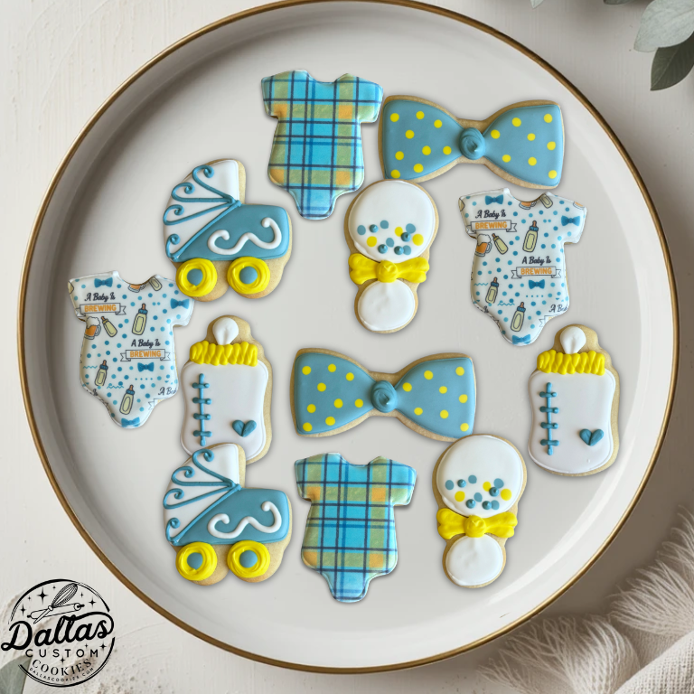 Bow Tie: Plaid Onesie A Baby is Brewing Beer Baby Shower Cookies--12 Count