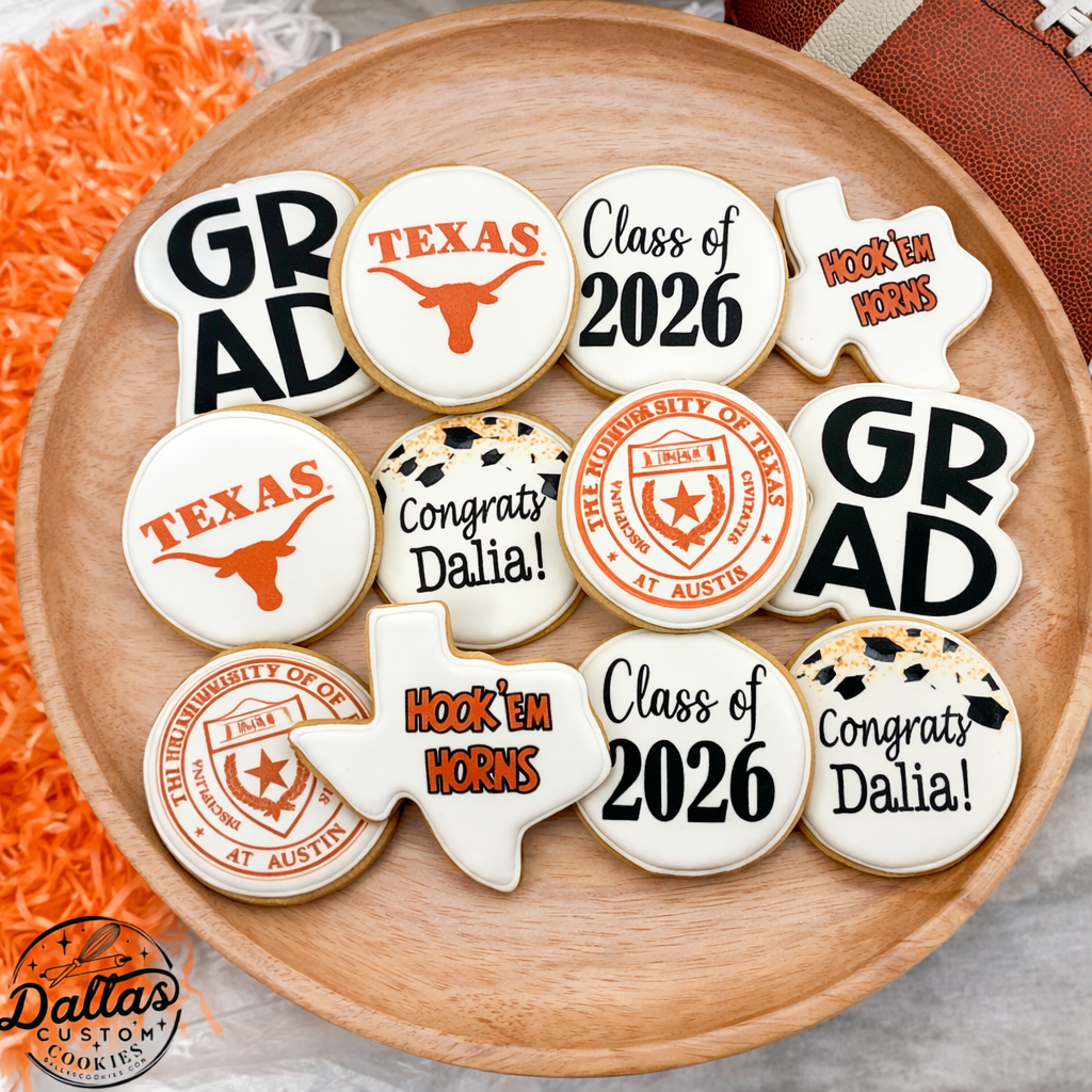 UT Austin University of Texas Longhorn Hook 'em Horns Pre-Designed Graduation Set w/customized name Cookie -- 12 count