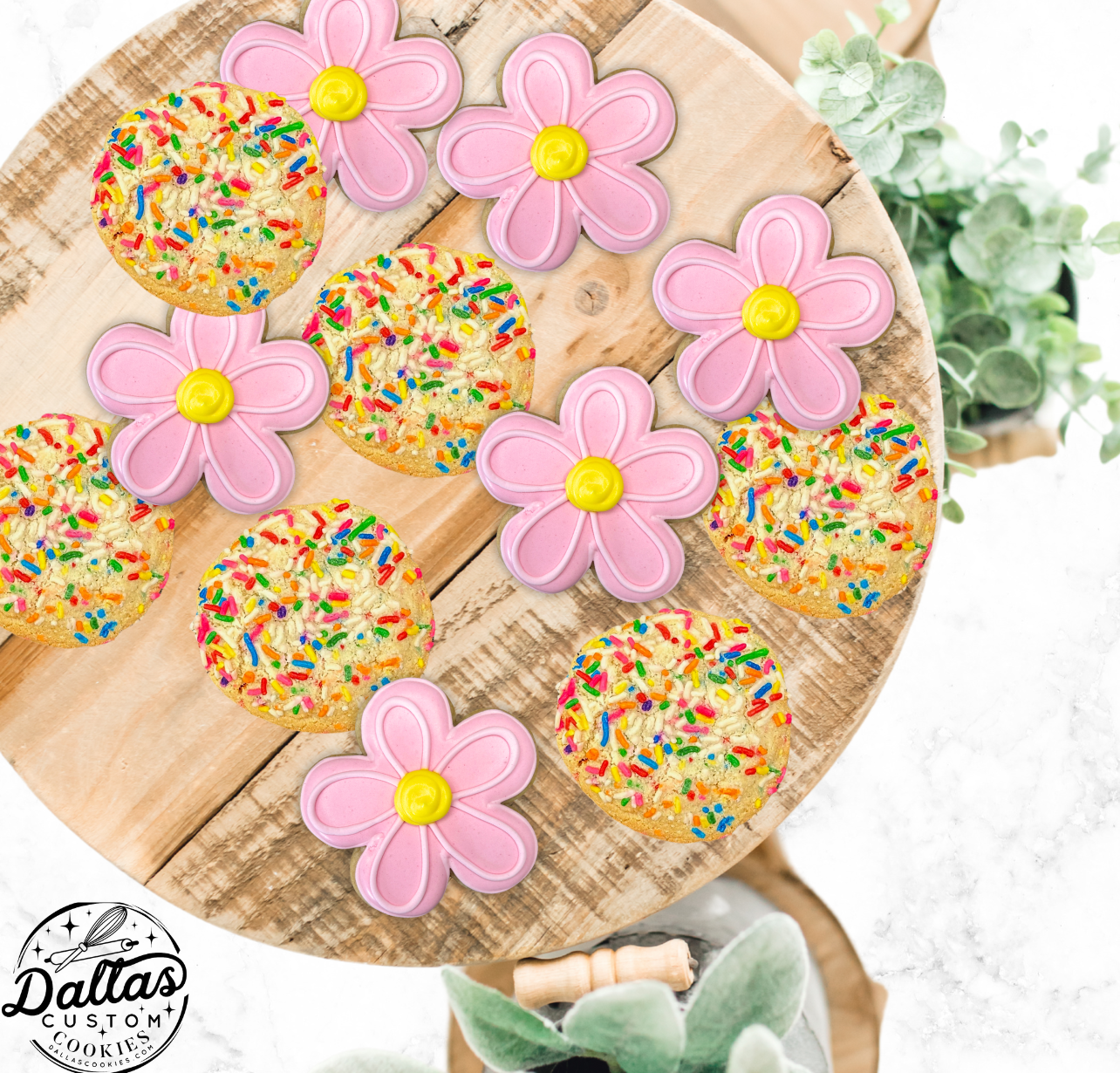 Spring Summer Pink Daisy Flower Cookie Combo Set w/Classic Celebration Sprinkle Cookies--12 Count