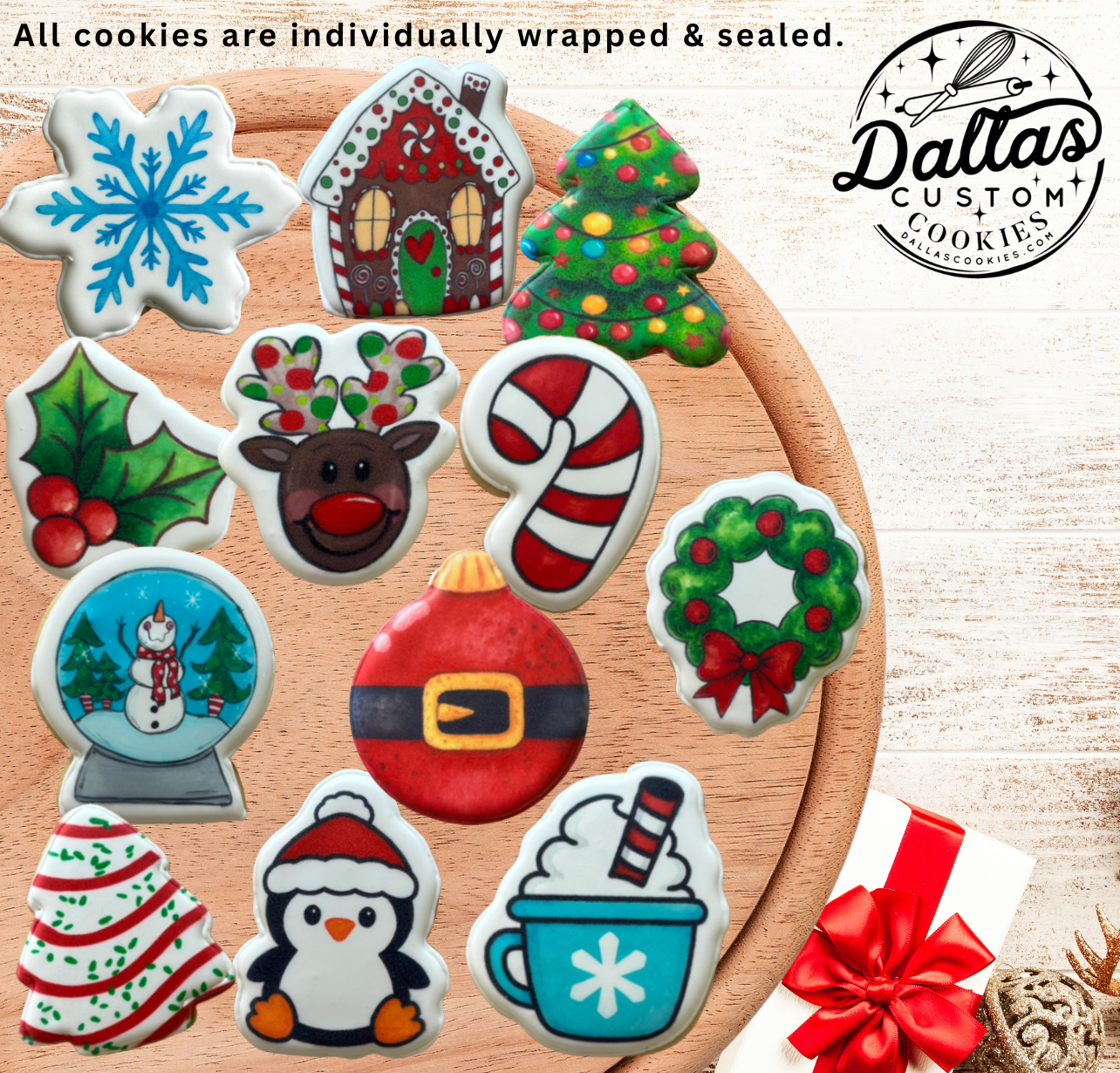 Festive Printed Christmas Holiday Cookie Gift Set – 12 Gourmet Sugar Cookies--12 Count