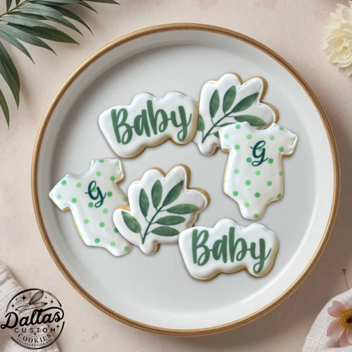 Green Stems w/Baby Text + Build Your Own Custom Patterned Onesie w/Neutral Green Stems for Baby Shower Cookies w/Live Preview--12 Count