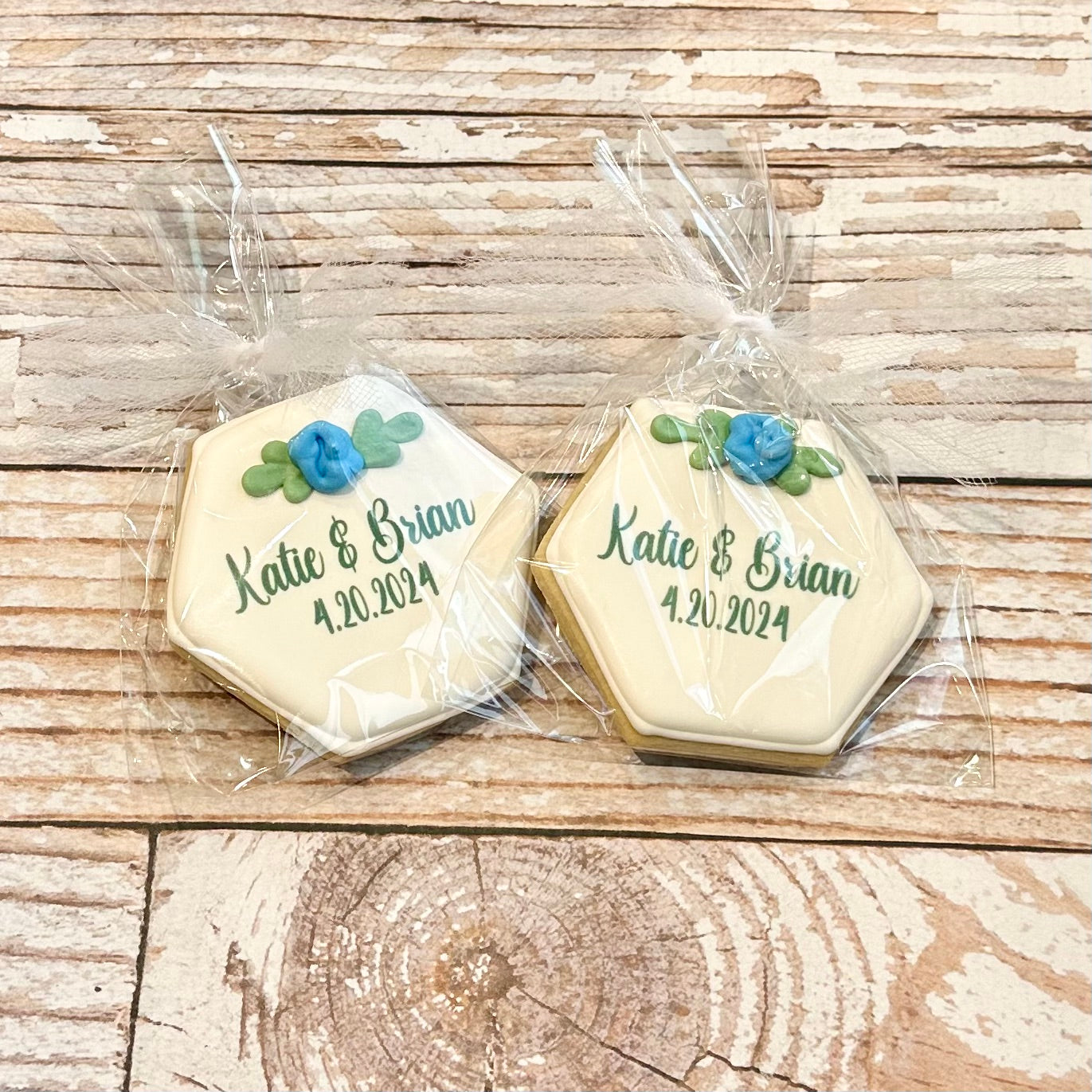 Plaque Shaped Floral Bridal Engagement Cookies w/Couple's Names & Wedding Date-- 12 Count