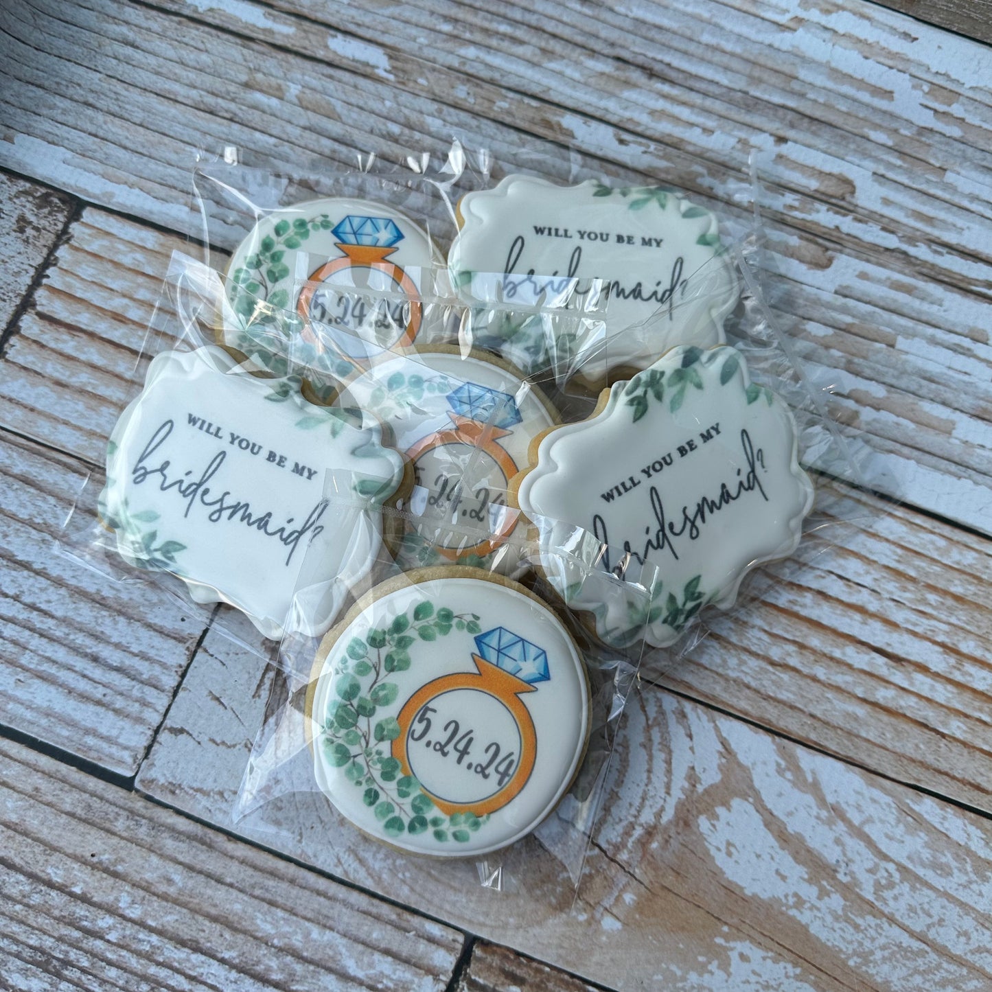Will you be my Bridesmaid Plaque Shaped Floral Cookies + Wedding Ring on Circle w/wedding Date--12 Count