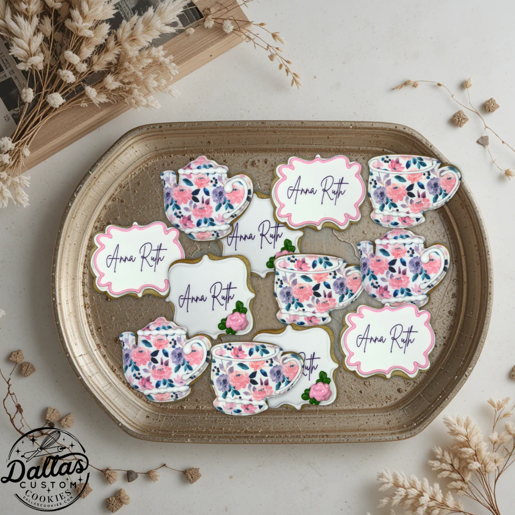 Blush and Purple Floral Tea Cup Teapot Bridal Birthday Cookies with Custom Name Plaque--12 Count