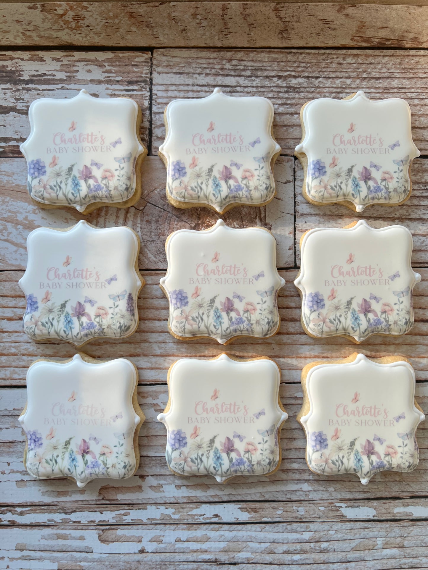 Square Plaque Baby in Bloom Floral w/Customized name Baby Shower--12 Count