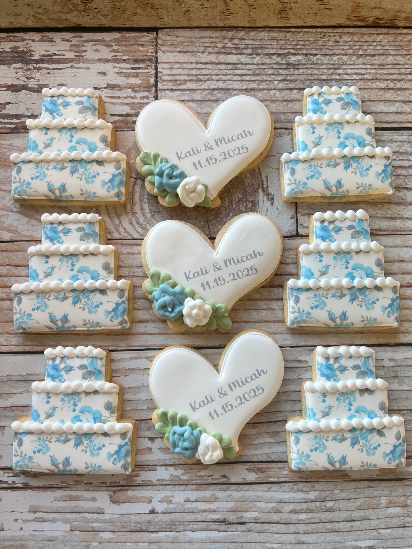 Floral Heart Bridal Engagement Cookies w/Couple's Names & Wedding Date & Wedding Cake-- 12 Count