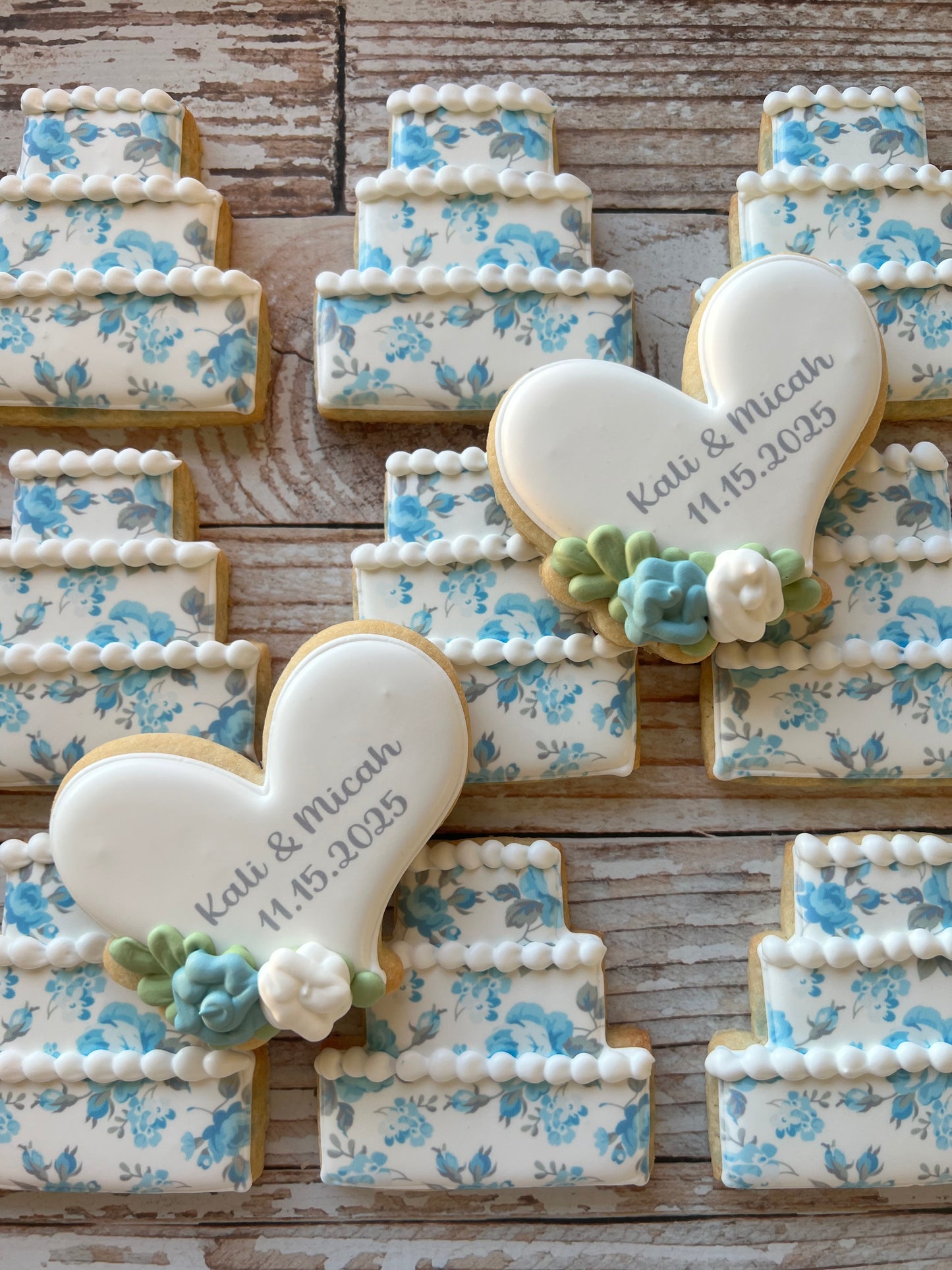 Floral Heart Bridal Engagement Cookies w/Couple's Names & Wedding Date & Wedding Cake-- 12 Count