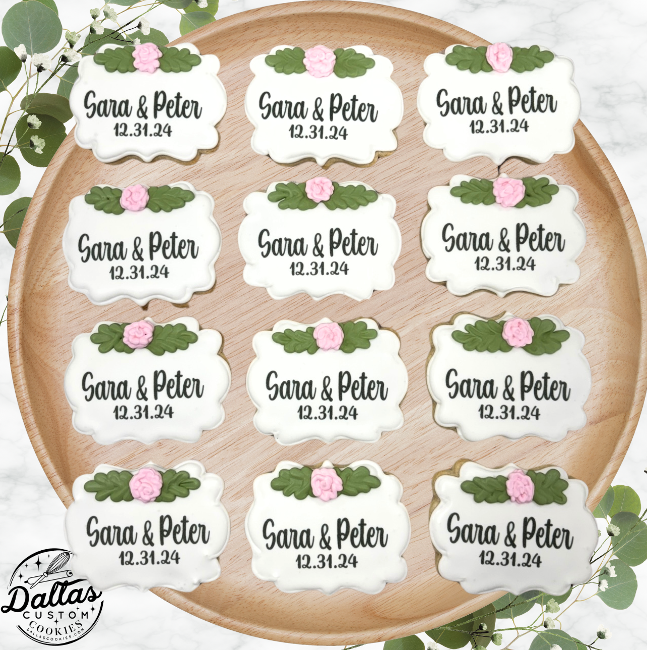 Plaque Shaped Floral Bridal Engagement Cookies w/Couple's Names & Wedding Date-- 12 Count
