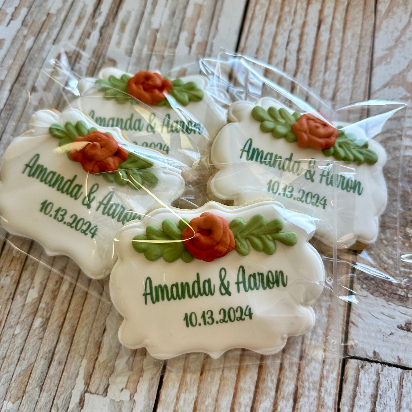 Plaque Shaped Floral Bridal Engagement Cookies w/Couple's Names & Wedding Date-- 12 Count