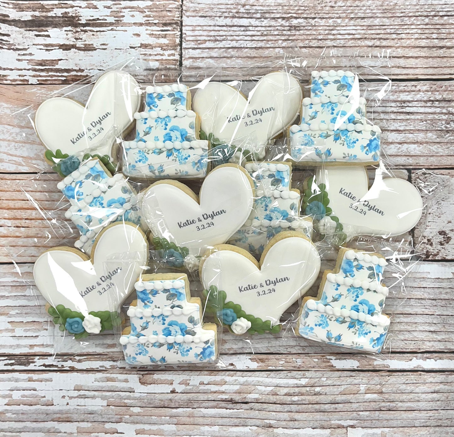 Floral Heart Bridal Engagement Cookies w/Couple's Names & Wedding Date & Wedding Cake-- 12 Count