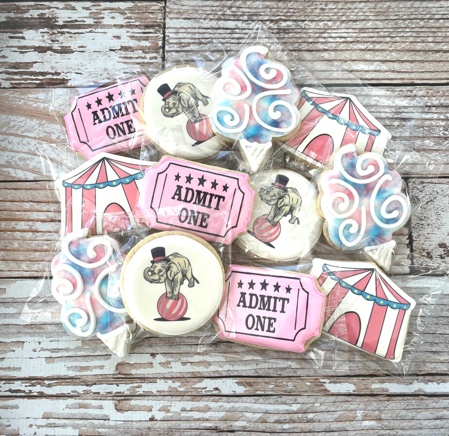 Pink Tickets Cotton Candy Elephant Circus Carnival Pink Themed Cookies--12 Count