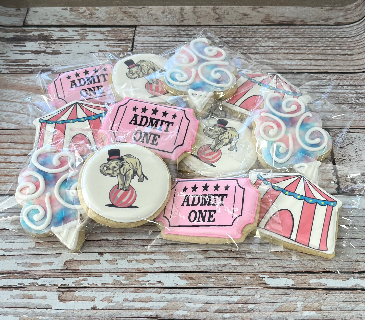 Pink Tickets Cotton Candy Elephant Circus Carnival Pink Themed Cookies--12 Count