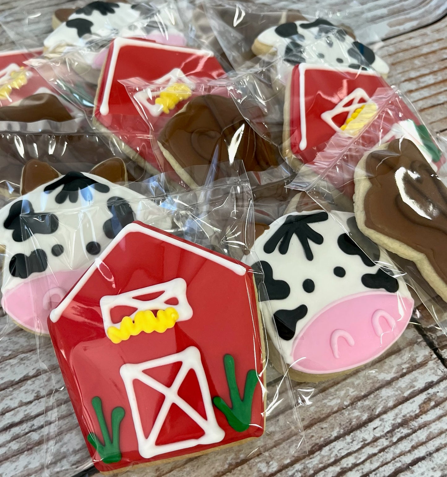 Hand decorated Farm Cow and Barn w/Boots Themed Cookies--12 Count