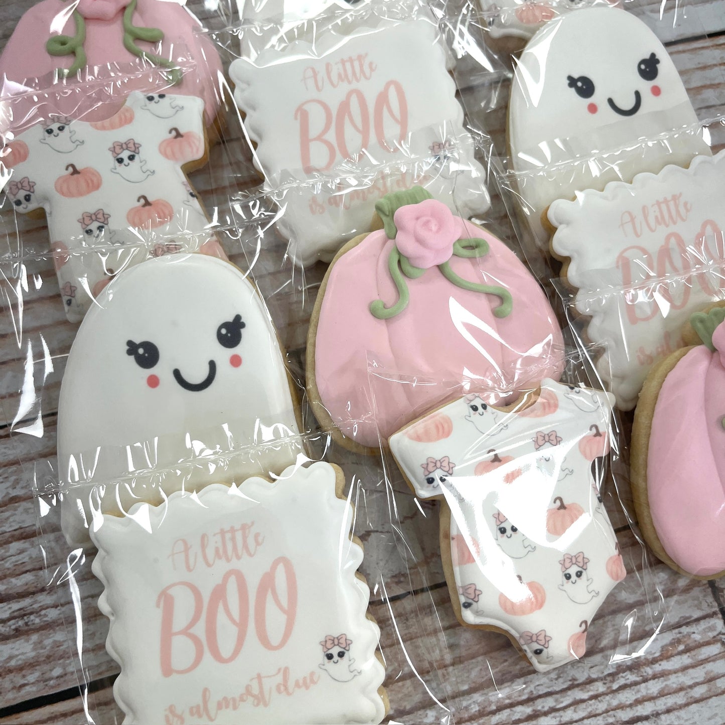 Pink Girl Cute Ghosts & Onesie Halloween Pumpkin Baby Shower Cookies A Little Boo is Due--12 Count