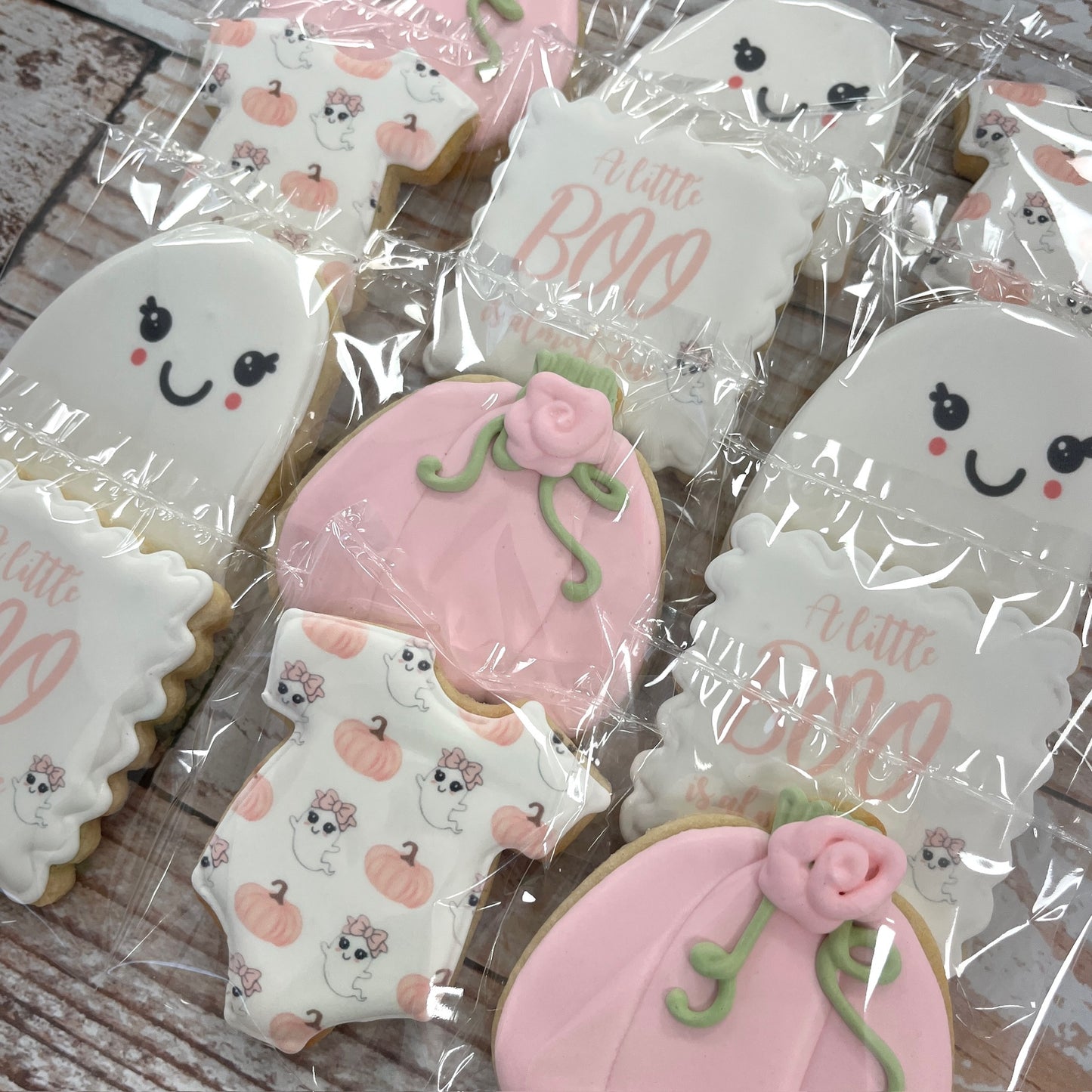 Pink Girl Cute Ghosts & Onesie Halloween Pumpkin Baby Shower Cookies A Little Boo is Due--12 Count