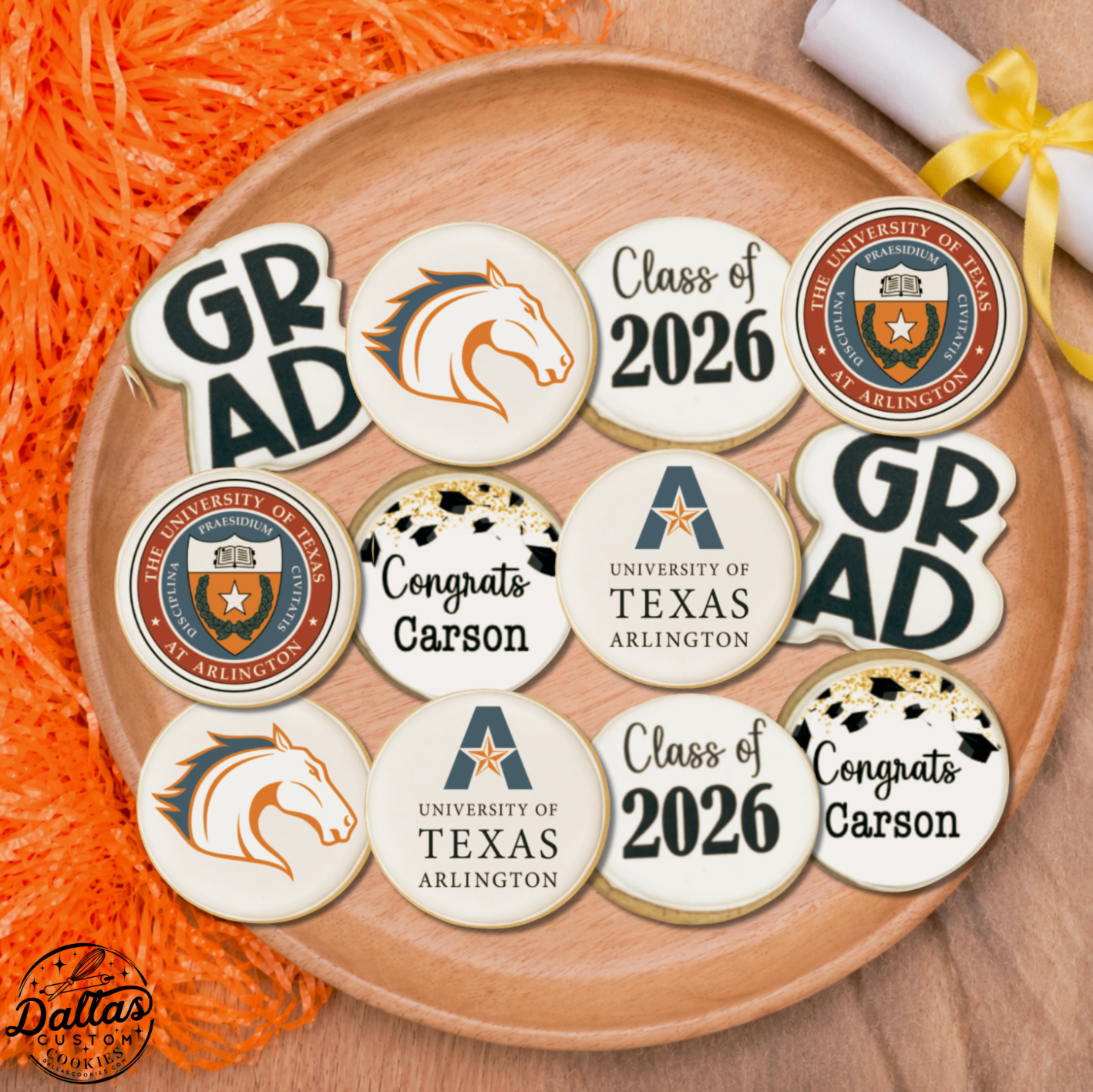 UTA University of Texas at Arlington Direct Printed Pre-Designed Set of Graduation Cookies--12 Count