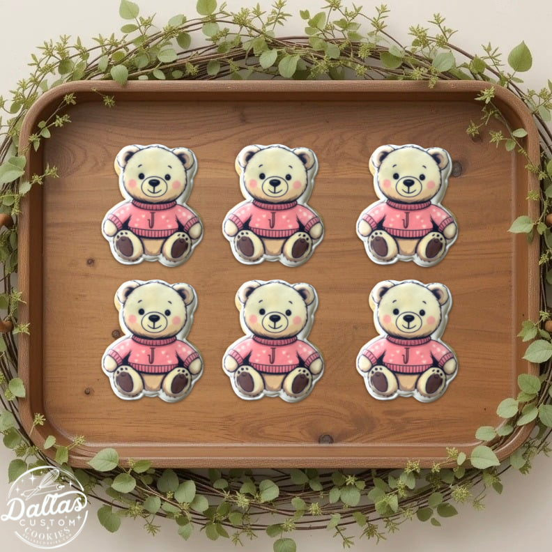 Teddy Bear Shape w/initial on Pink Sweater Baby Shower or Birthday Cookies--12 Count