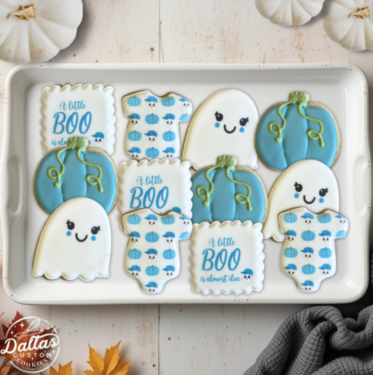 Blue Pumpkin Cute Ghosts & Onesie Halloween Pumpkin Baby Shower Cookies A Little Boo is Due Boy--12 Count