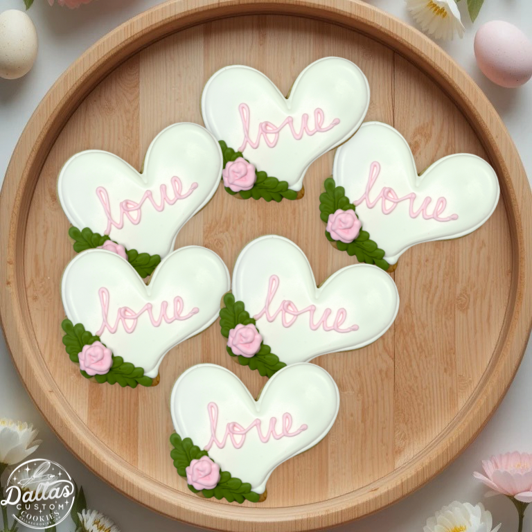 Floral Heart w/Love & Greenery Wedding Engagement Cookies -- 12 Count