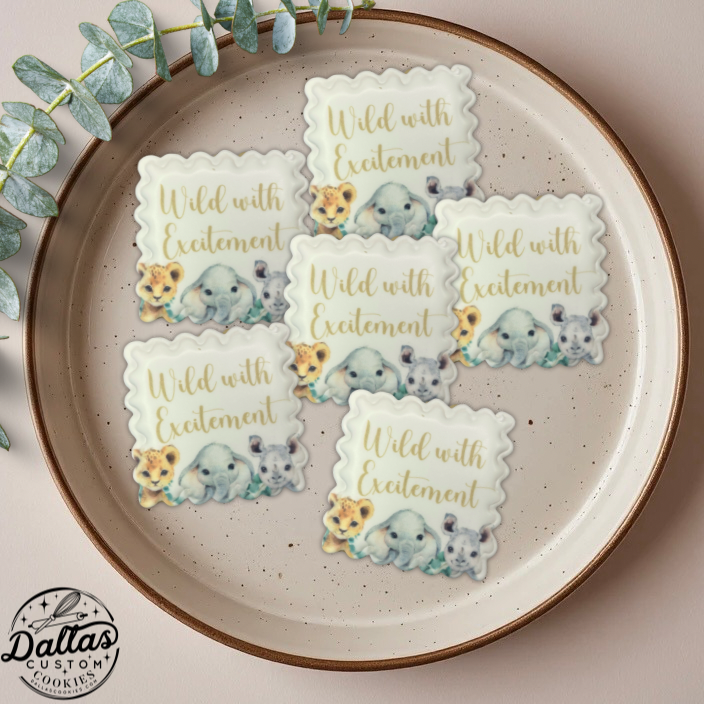 Wild with Excitement Safari Baby Shower Cookies on Scalloped Square--12 Count