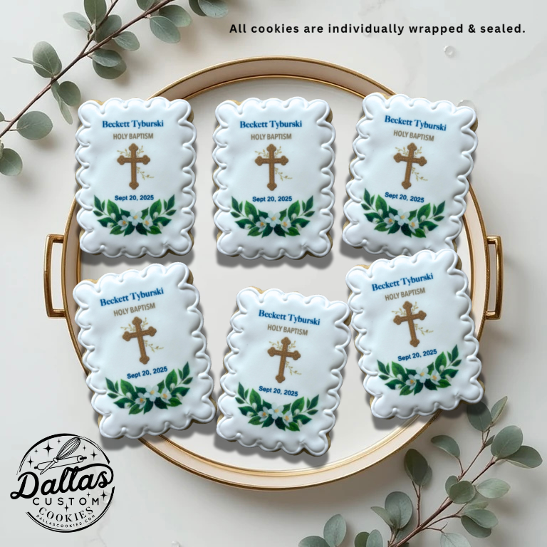 Boy Christening Baptism Scalloped Rectangle w/greenery & Name Cookies--12 Count