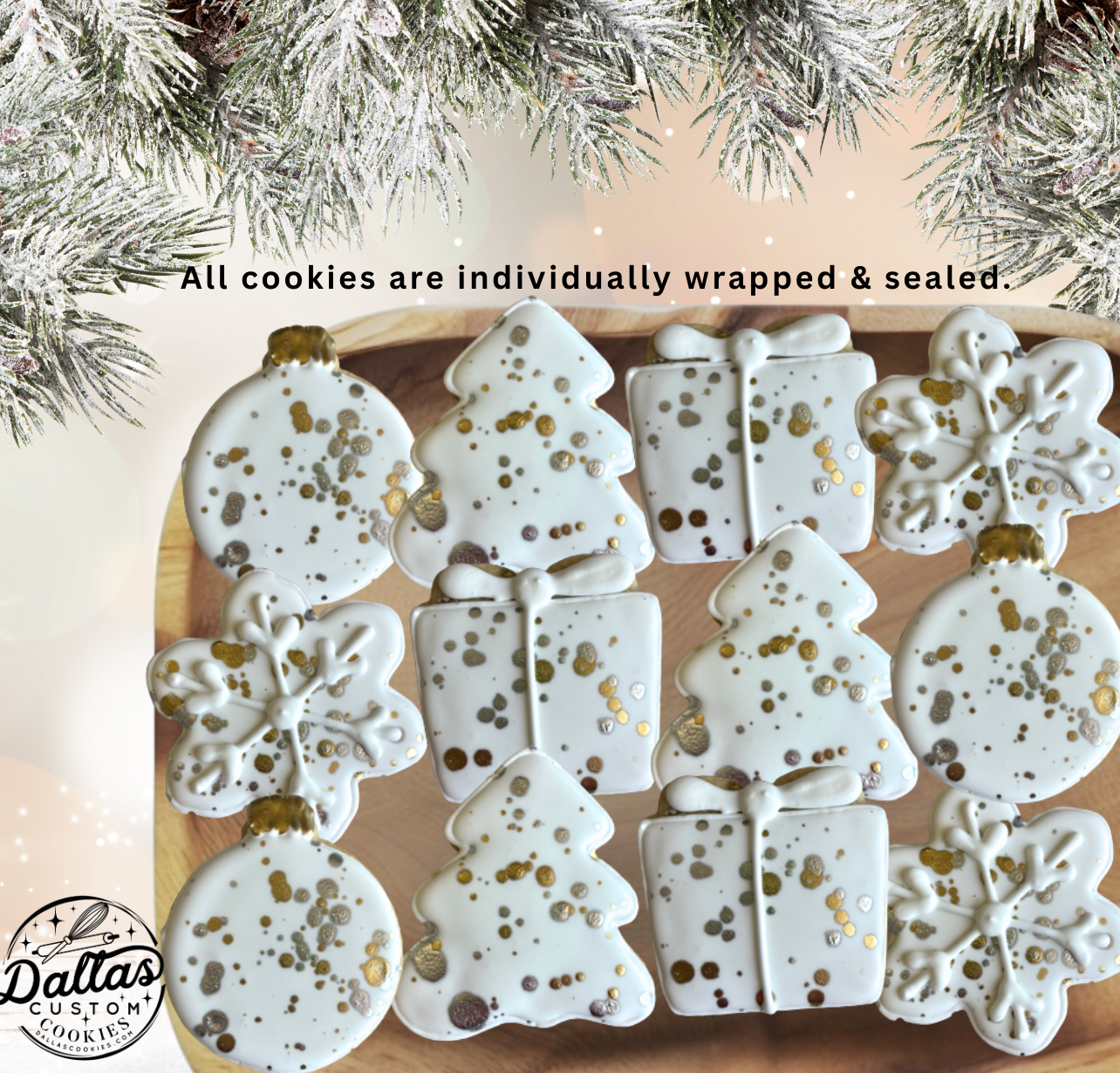 White Christmas Silver & Gold Hand-Crafted Hand Decorated 2025 Holiday Cookie Gift Set – Christmas Cookies--12 Count