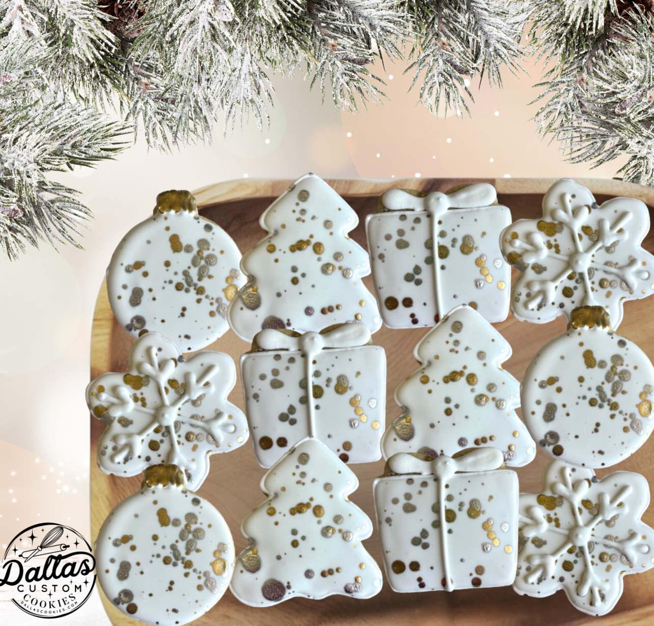 White Christmas Silver & Gold Hand-Crafted Hand Decorated 2025 Holiday Cookie Gift Set – Christmas Cookies--12 Count