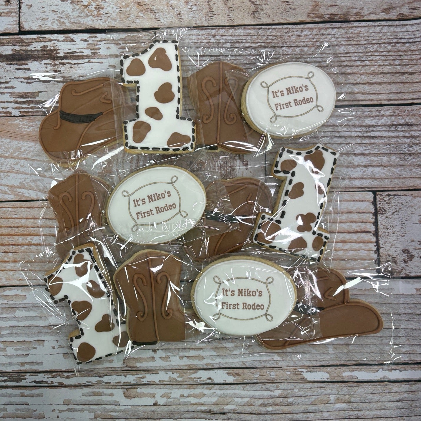 Hand Decorated First Rodeo Cowboy Boots, Cowboy Hat, #1 Shape Themed Birthday--12 Count