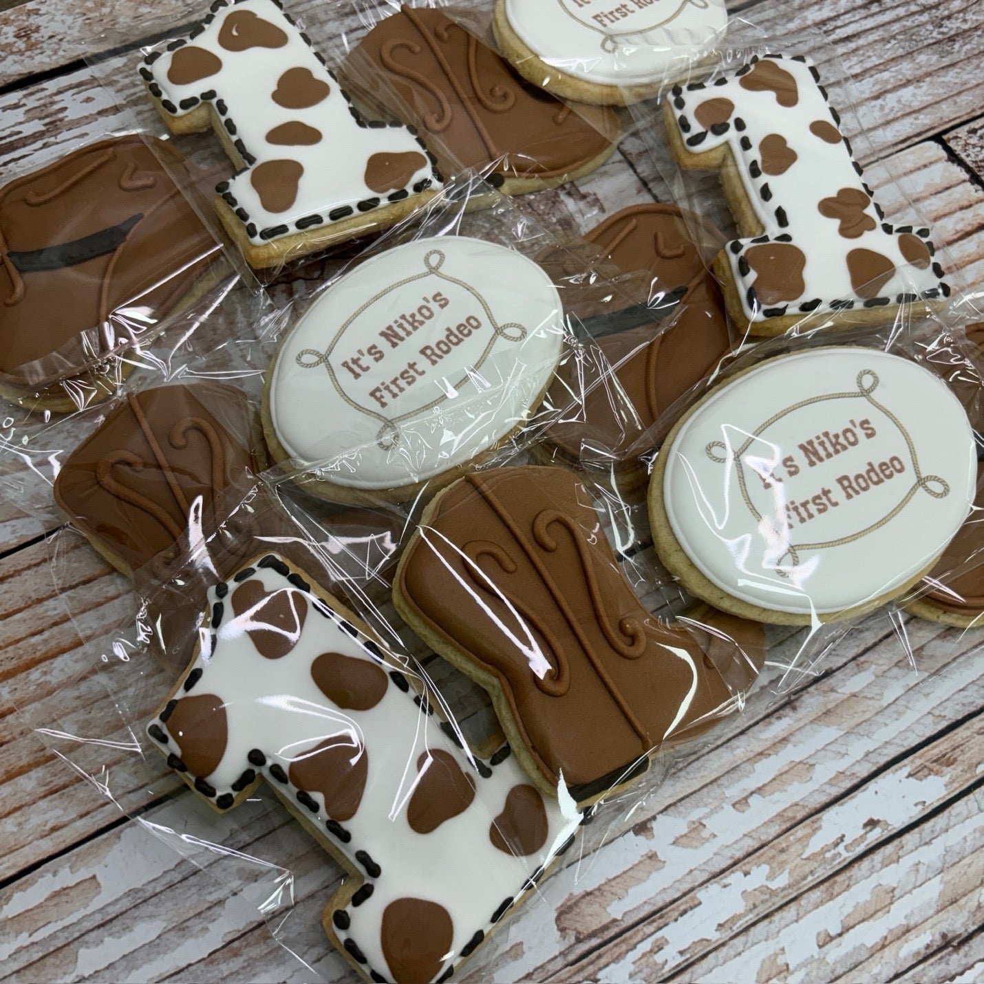 Hand Decorated First Rodeo Cowboy Boots, Cowboy Hat, #1 Shape Themed Birthday--12 Count