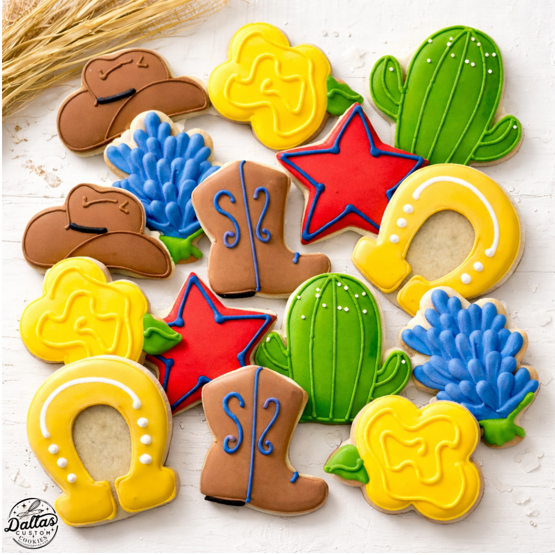 Texas Themed Hand Deco Decorated Sugar Cookies | Cowboy Boots, Hats, Bluebonnets & Yellow Roses | Western Party Cookies – 12 Count