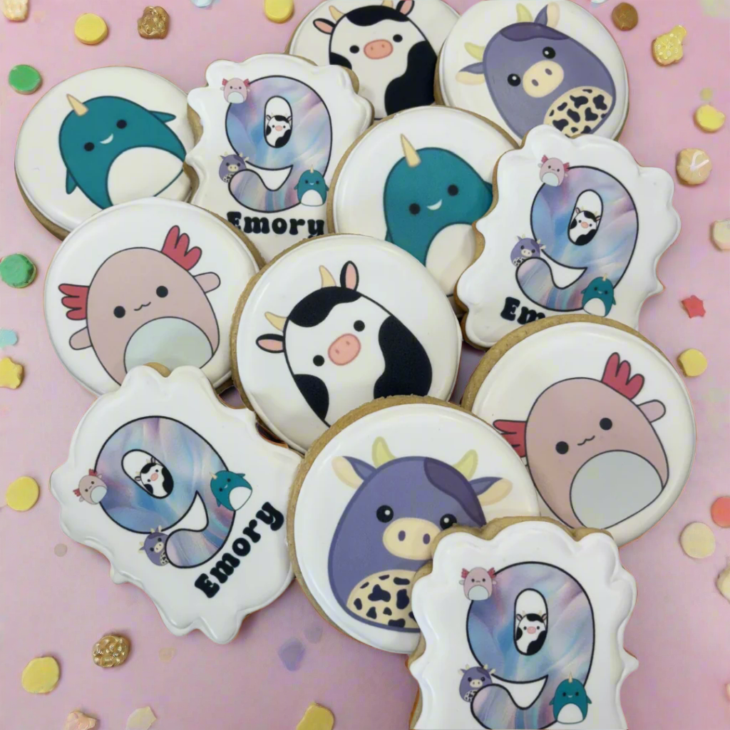 Squishmallow Themed Birthday Cookies w/custom Name and Age--12 Count