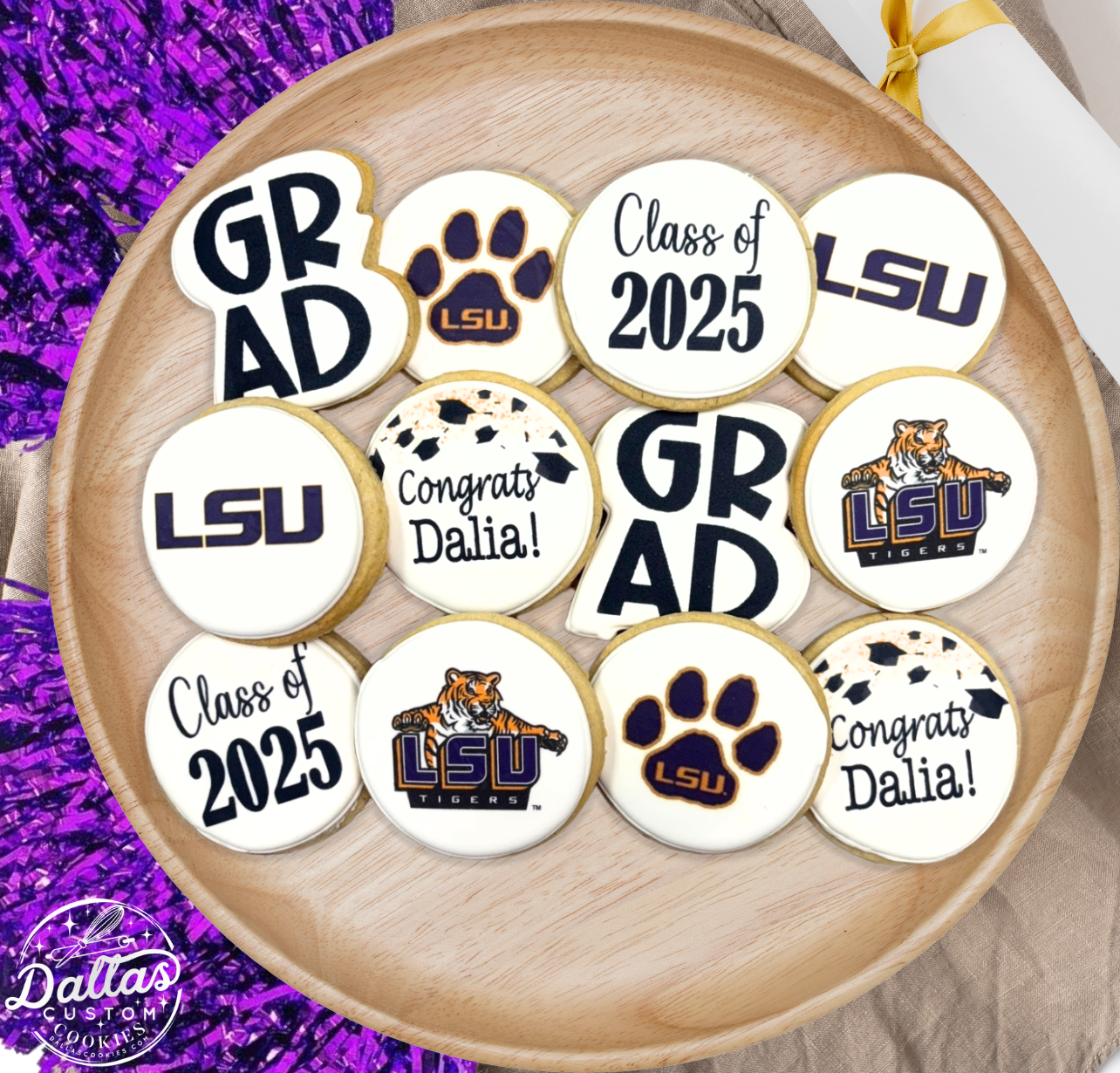 LSU Geaux Tigers Louisiana State University Direct Printed Pre-Designed Set of Graduation Cookies--12 Count