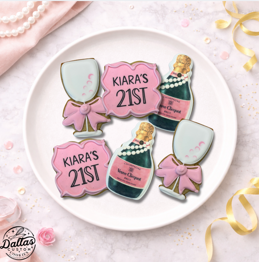 Pink Champagne & Bows 21st Birthday Cookie Set -- 12 Count