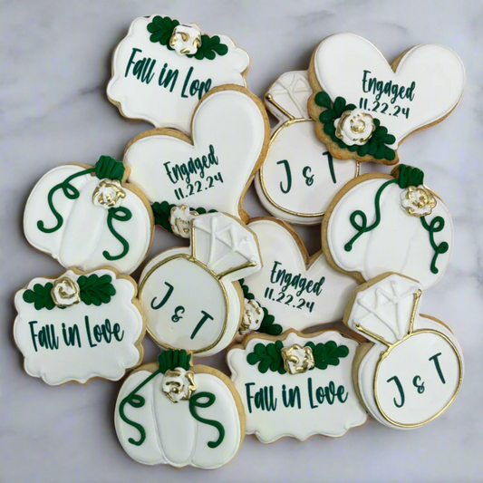 Hand Decorated "Fall in Love" Wedding Rings w/monogram Engagement Rings in Gold, Floral Heart Plaque, Pumpkins, Plaques--12 Count