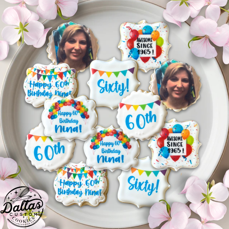 Photo cookies + Colorful Balloons Banners Happy Birthday Plaque Cookies--12 Count