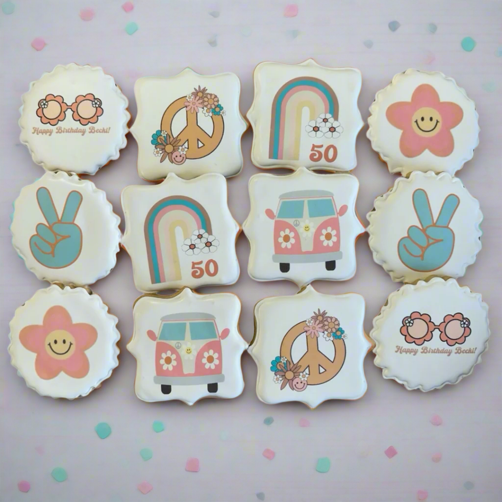 Hippie 70s Themed Birthday Cookies Peace Love Pastel Colors--12 Count