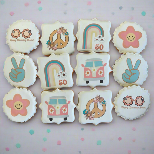 Hippie 70s Themed Birthday Cookies Peace Love Pastel Colors--12 Count