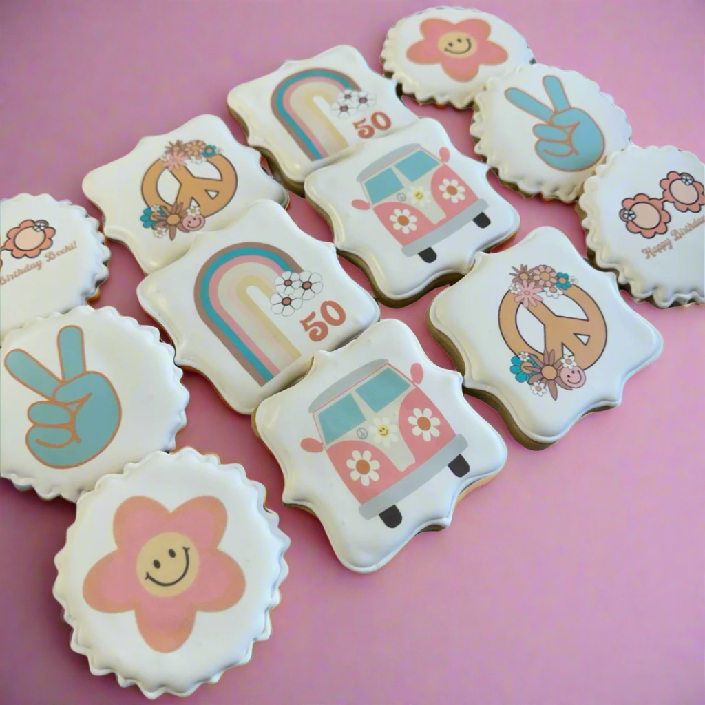 Hippie 70s Themed Birthday Cookies Peace Love Pastel Colors--12 Count