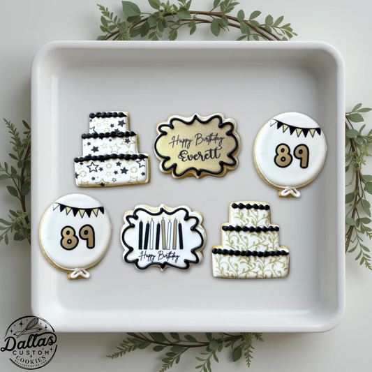 3 Tier Cake Birthday Balloon Fancy Black and Gold Plaque Cookies--12 Count