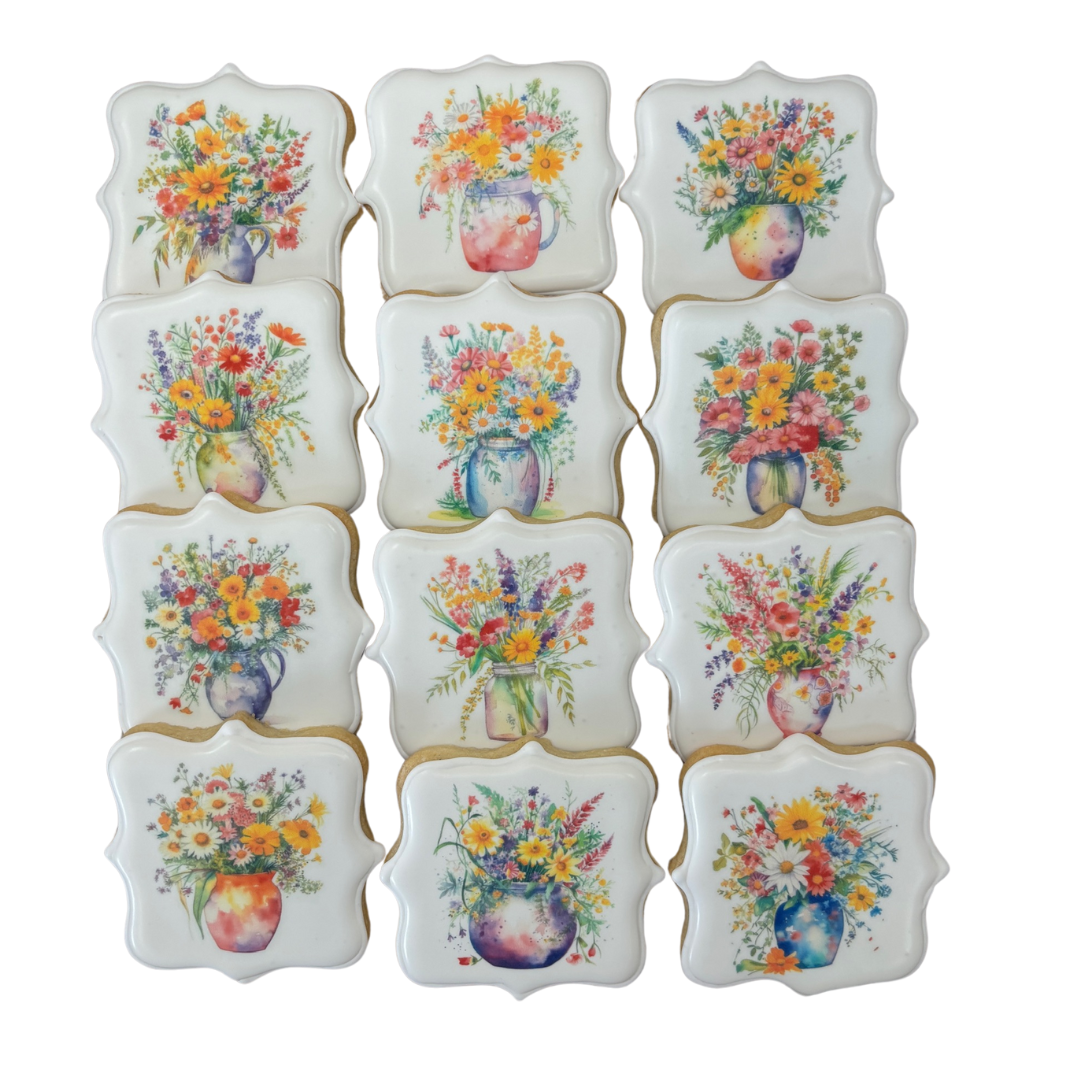 Square Plaque shaped Watercolor Wild Flowers Floral Vase Cookies--12 Count