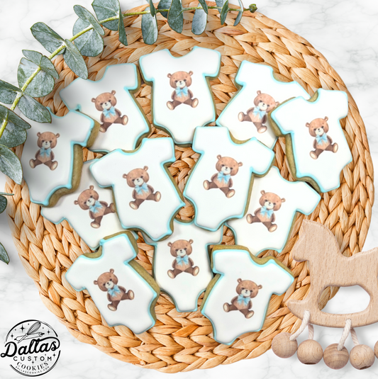 Teddy Bear Patterned Onesie w/blue Accent for Baby Shower Cookies--12 Count